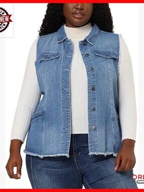 Plus Size Denim Vest Sleeveless Button Front Frayed Washed Casual Wear